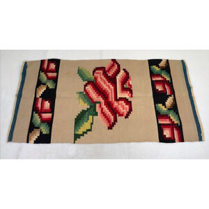 Vintage Woven Wool Red Rose, Tan, Black, Blue Green Rug Or Wall Hanging 4' x 2'